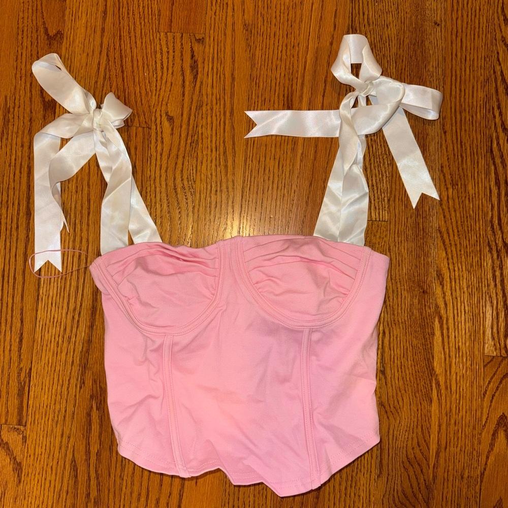 Pink Women's Tank Top with Ribbon Straps